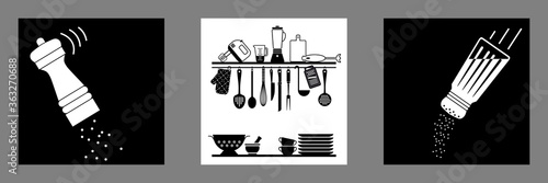 3 affiches carrées sur le thème de la cuisine avec des silhouettes noires et blanches d’ustensiles culinaires, d’un poivrier et d’une salière.