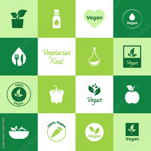Set of vegan, vegetarians, healthy icons. 100 percent vegan food. Vector Logo