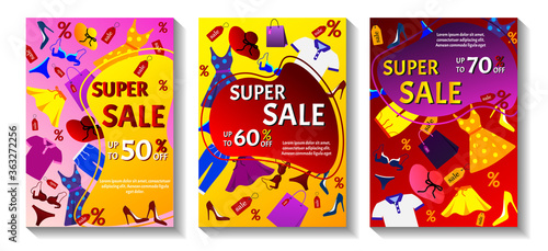 Set of super sale promo banner with clothes and different elements of wardrobe. Vector illustration for special  offer, flyer, advertising, commercial, banner. © Anastassiya
