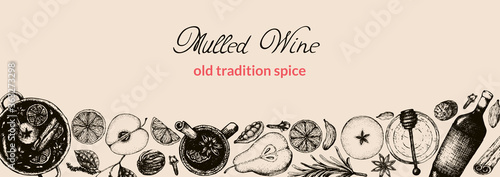 Vector illustration of a long banner or footer for website or brochure with mulled wine in old style. Spices and fruits for hot wine in a freehand style drawing narrow format for a recipe