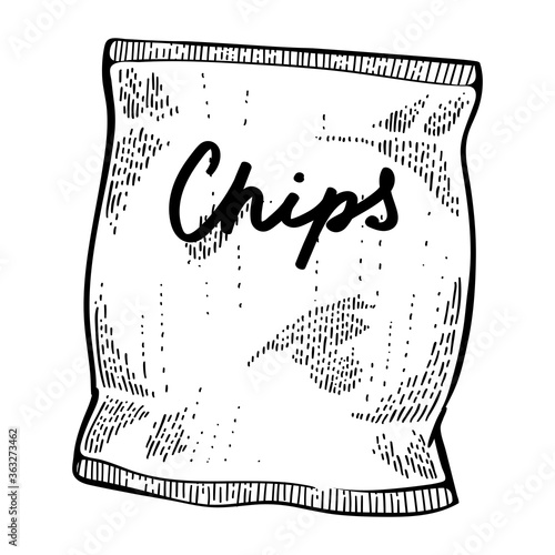 Bag of potato chips, hand drawn vector engraving style