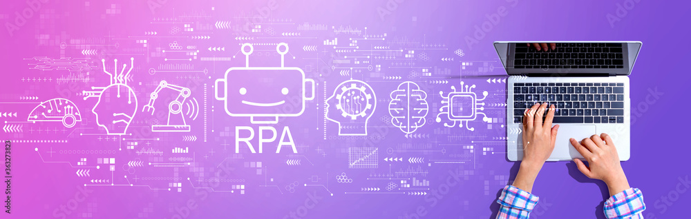 Robotic Process Automation RPA theme with woman using a laptop computer Robotic Process Automation RPA theme with woman using a laptop computer