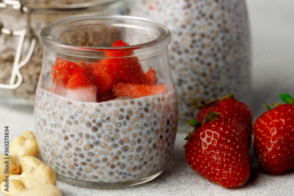 Bowl of chia pudding with fresh strawberries Bowl of chia pudding with fresh strawberries