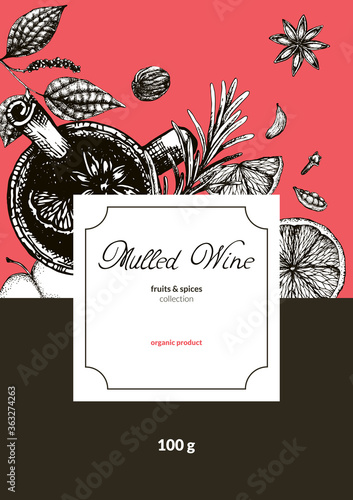 Vector illustration with spice label design for mulled wine on red. Dry fruits apples and oranges, seasoning for hot wine in the style of freehand drawing for packaging, bag