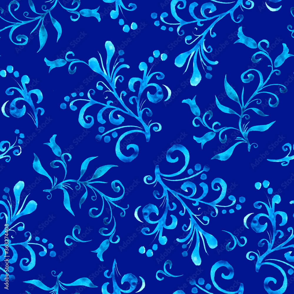 Floral seamless pattern with leaves and berries in blue color on indigo background. Hand drawing. Background for title, blog, decoration. Design for wrappers, textiles, fabrics. Floral seamless pattern with leaves and berries in blue color on indigo background. Hand drawing. Background for title, blog, decoration. Design for wrappers, textiles, fabrics.