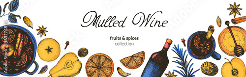 Vector illustration of a long banner or footer for a website or brochure with mulled wine. Spices and fruits for hot wine in a freehand style drawing narrow format for a recipe