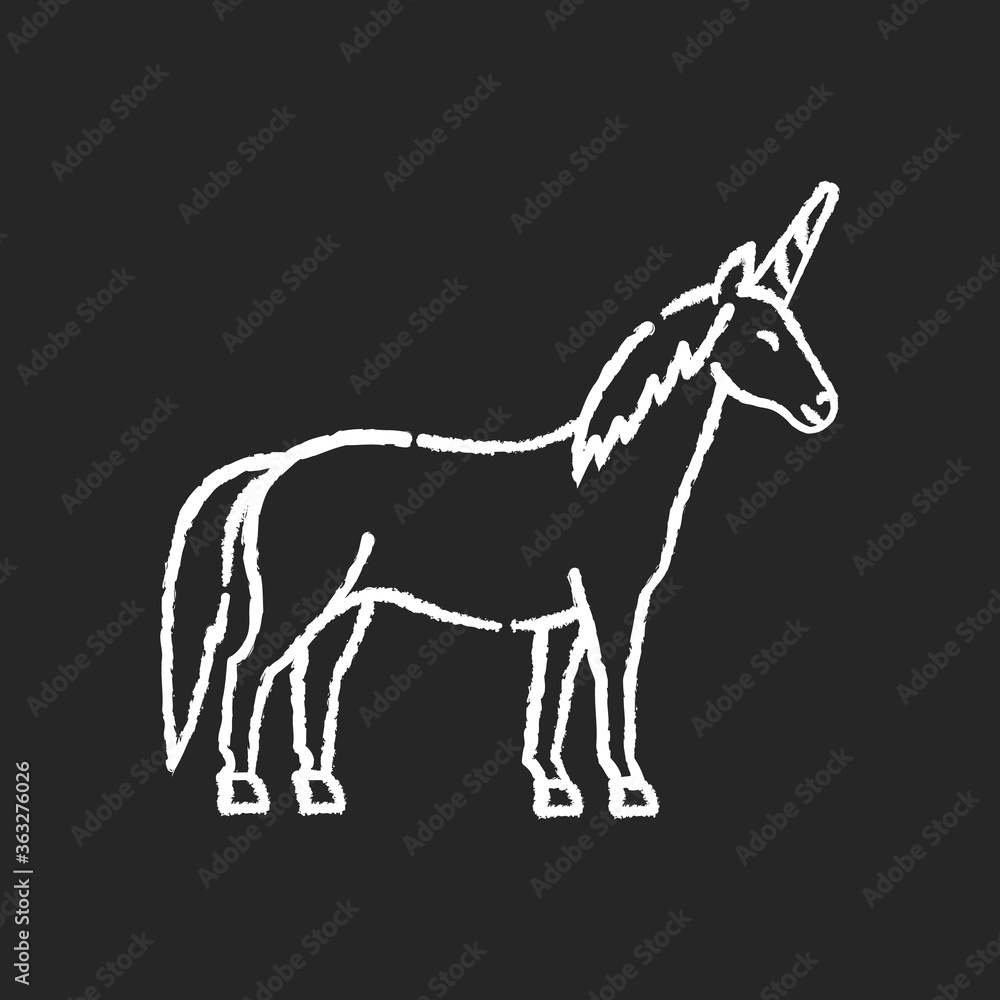 Obraz premium Unicorn chalk white icon on black background. Mythical creature, fairy tale animal mascot. Childish fantasy animal, kids fable. Magical horse with horn isolated vector chalkboard illustration