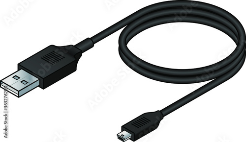 A USB (universal serial bus) cable. USB 2.0 type A to mini B (5-pin).
