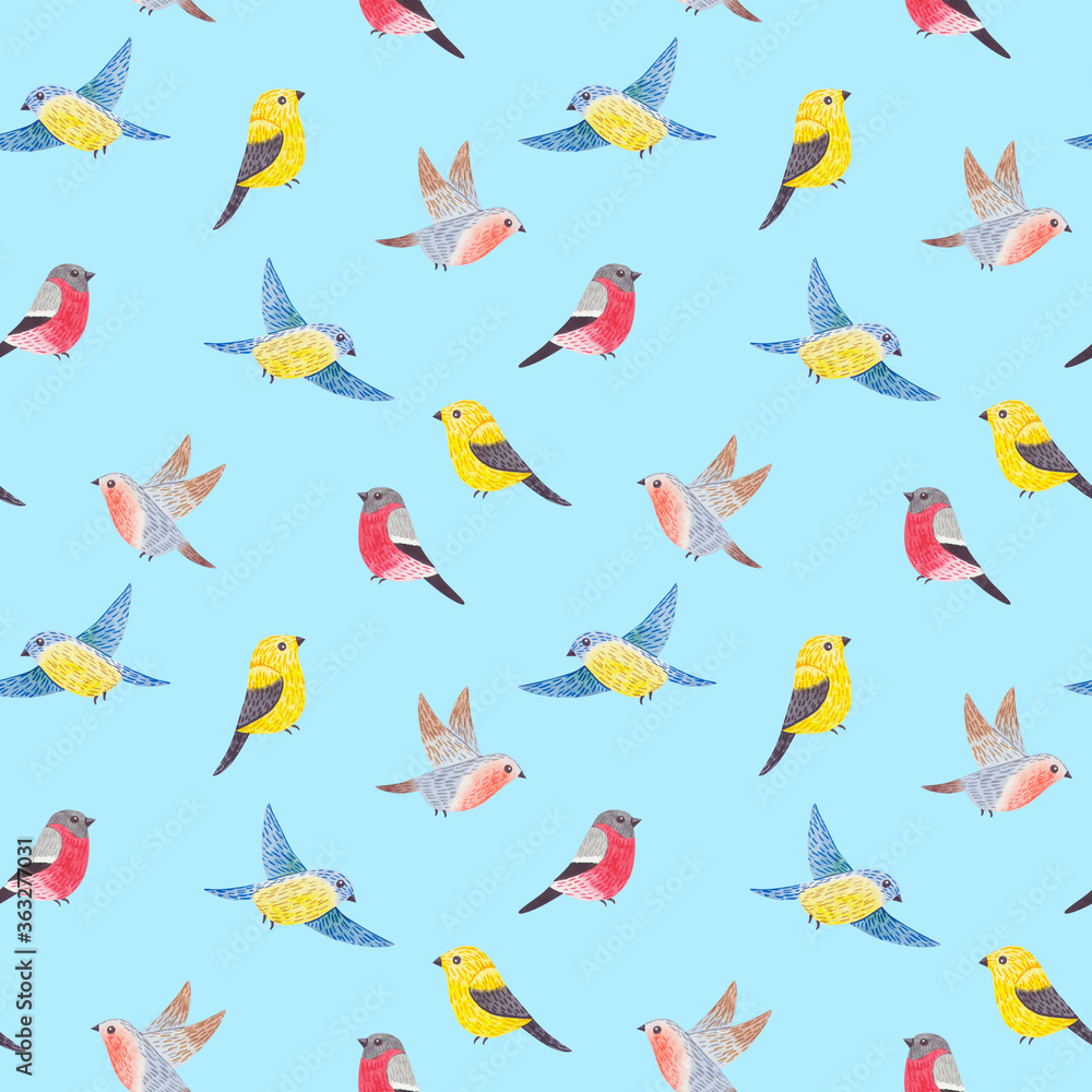 Seamless pattern with colourful birds. Watercolor, hand drawing Seamless pattern with colourful birds. Watercolor, hand drawing