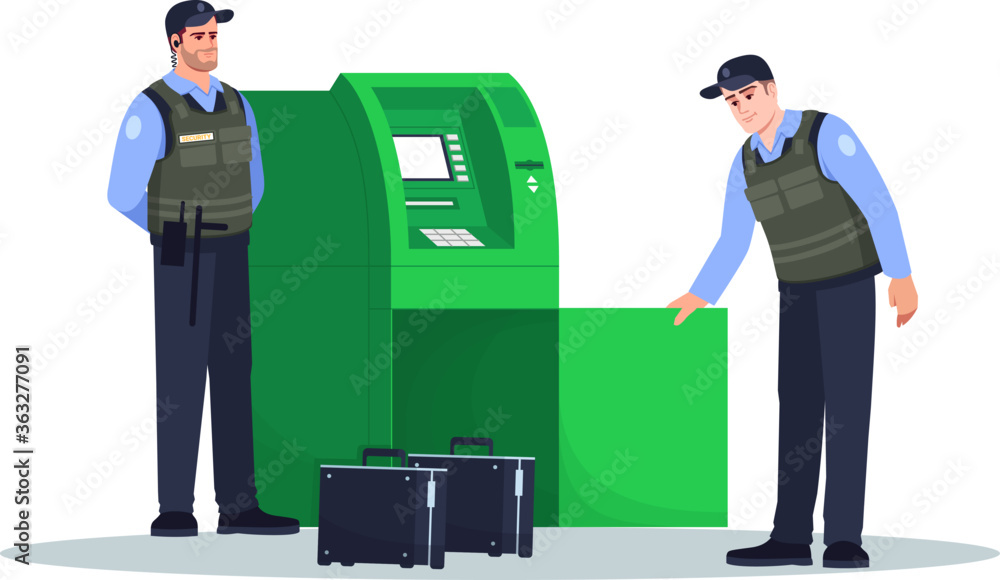 ATM refill semi flat RGB color vector illustration. Guards load money ...