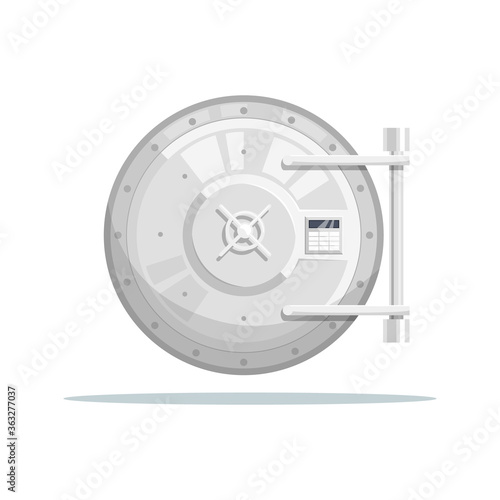 Round vault door semi flat RGB color vector illustration. Treasure storage. Security for money. Wealth safety. Trust fund. Metallic bank door isolated cartoon object on white background