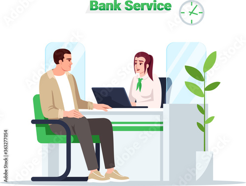 Bank service semi flat RGB color vector illustration. Customer on reception. Man talk with advisor. Male client with female consultant isolated cartoon character on white background