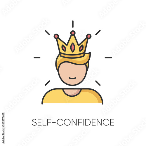 Self confidence RGB color icon. Feeling of overconfidence, narcissism. Arrogant attitude. Self assured, egotistical person in crown isolated vector illustration