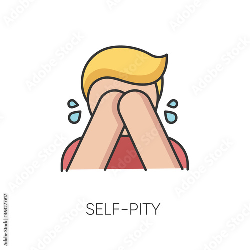 Self pity RGB color icon. Sad mental state, melancholy, depression. Feeling sorry for yourself, bad personality trait. Crying person isolated vector illustration