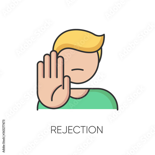 Rejection RGB color icon. Negative response, denial, offer refusal. Forbiddance, displeasure and disapproval. Person showing stop gesture isolated vector illustration