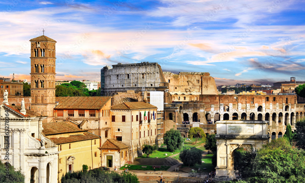 Roman Imperieal Forum and Colosseum. Landmarks of Italy