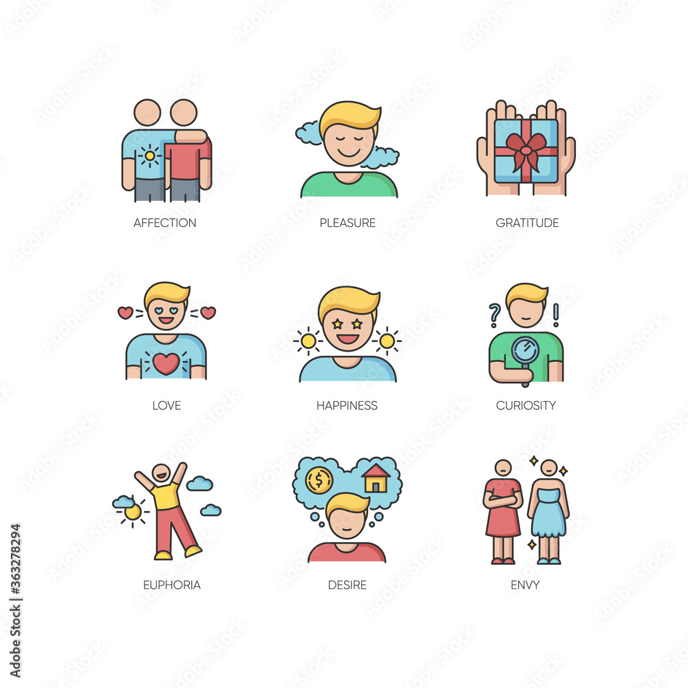 Feelings and emotions RGB color icons set. Various emotional reactions, human psychology. Positive feelings and negative mental states. Isolated vector illustrations