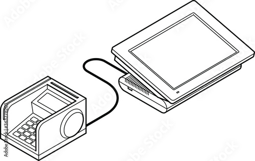 Point of sale (POS) equipment: Point of sale (POS) equipment: a touchscreen cash register connected to a card payment terminal / PIN pad.