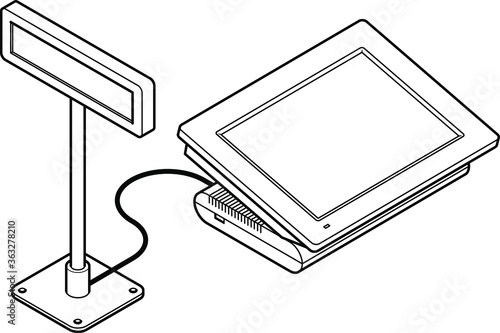 Point of sale (POS) equipment: a touchscreen cash register connected to a customer display / screen.