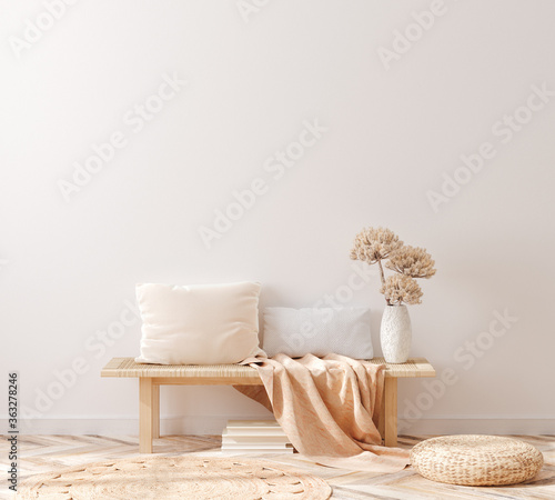 Scandinavian style living room, interior in pastel colors, wall mockup, 3d render photo