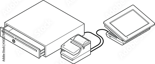 Point of sale (POS) equipment: a touchscreen cash register connected to a cash drawer via a receipt printer.