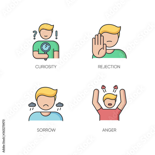 Mood and temperament RGB color icons set. Good and bad emotions, different human feelings. Curiosity, rejection, sorrow and anger. Isolated vector illustrations