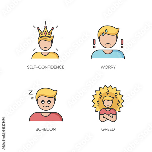 Negative feelings and bad traits RGB color icons set. Human emotions, personal feelings. Self confidence, worry, boredom and greed. Isolated vector illustrations
