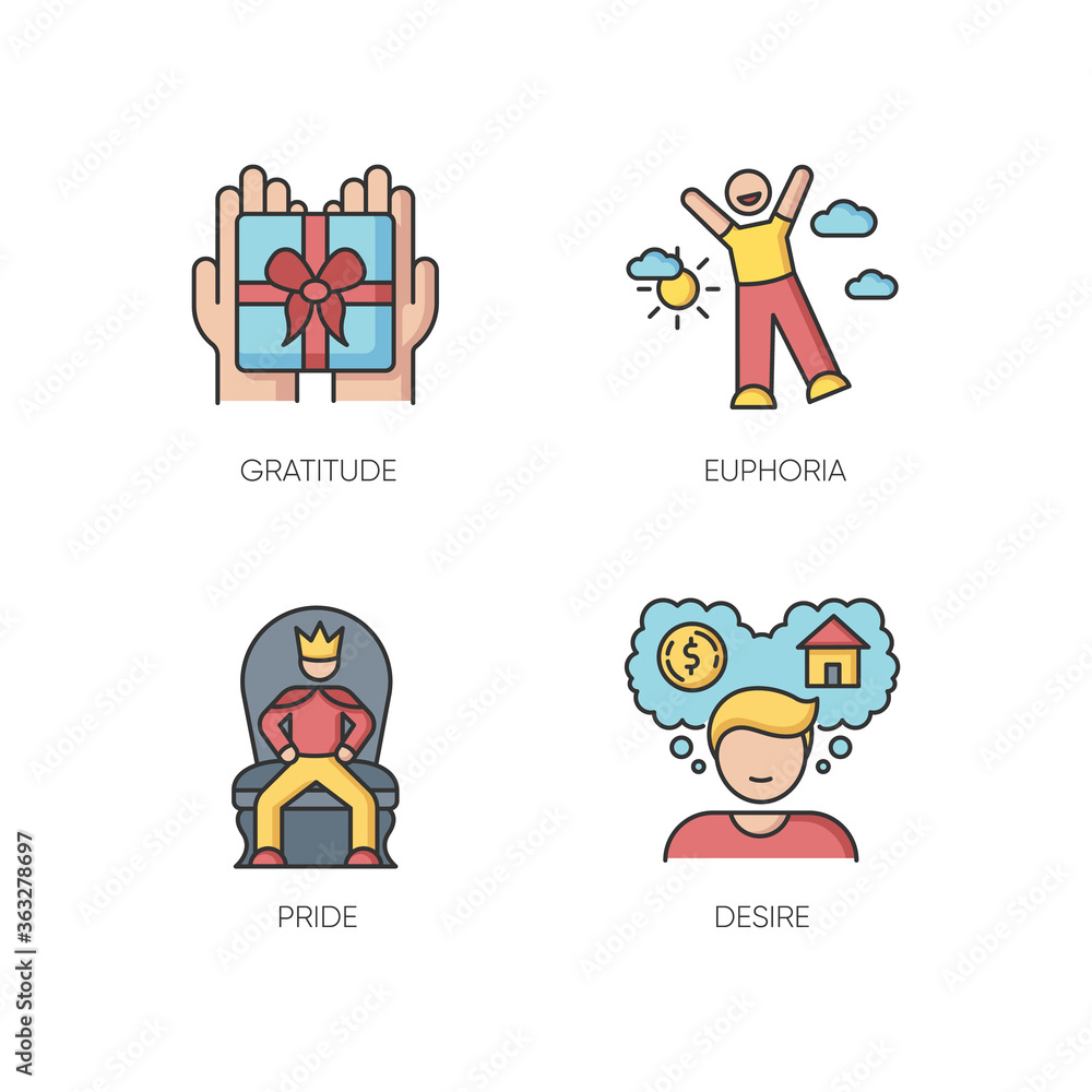 Emotions and personality traits RGB color icons set. Human feelings, good and bad qualities. Gratitude, euphoria, pride and desire. Isolated vector illustrations