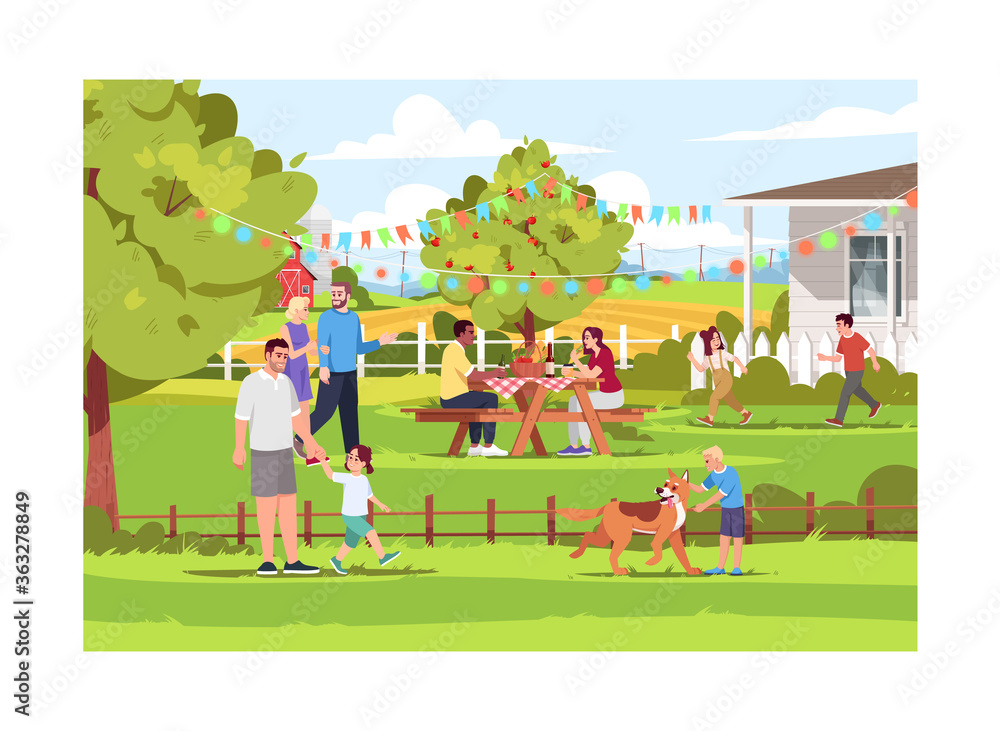 Naklejka premium People spending holiday in village semi flat vector illustration. Summer countryside picnic. Children playing outdoors. Landscape background. 2D cartoon characters for commercial use