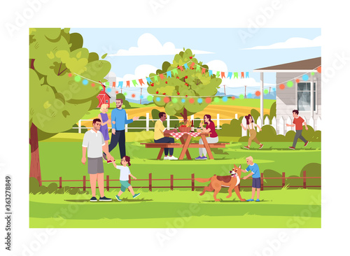 People spending holiday in village semi flat vector illustration. Summer countryside picnic. Children playing outdoors. Landscape background. 2D cartoon characters for commercial use