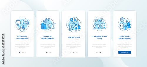 Children skills development onboarding mobile app page screen with concepts. Kindergarten. Child care center. Walkthrough 5 steps graphic instructions. UI vector template with RGB color illustrations