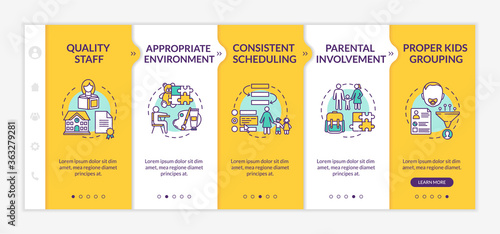 Kindergarten effectiveness components onboarding vector template. Early childhood education. Responsive mobile website with icons. Webpage walkthrough step screens. RGB color concept