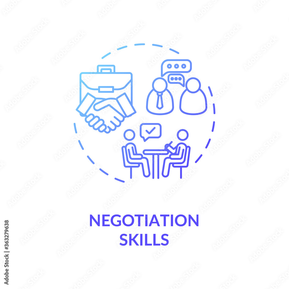 Negotiations skills concept icon. Business partnership. Successful cooperation. Businessmen communication idea thin line illustration. Vector isolated outline RGB color drawing Negotiations skills concept icon. Business partnership. Successful cooperation. Businessmen communication idea thin line illustration. Vector isolated outline RGB color drawing