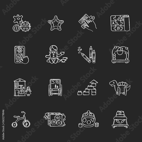 Childhood toys chalk white icons set on black background. Educational toys for children early development. Dollhouse.Tricycle and baby walker. Isolated vector chalkboard illustrations