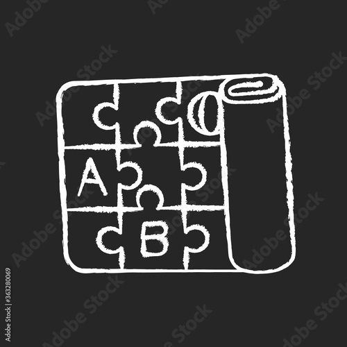 Play mat chalk white icon on black background. Foldable foam mat. Alphabet interlocking playmat. Activity floor for toddlers. Gross motor skills development. Isolated vector chalkboard illustration