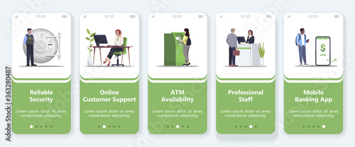 Bank support service onboarding mobile app screen vector template. Reliable security. ATM availability. Walkthrough website steps with flat characters. Smartphone cartoon UX, UI, GUI