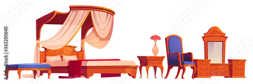 Wooden furniture for old victorian bedroom isolated on white background. Vector cartoon set of vintage canopy bed, nightstand, bench seat, chair and mirror on dressing table