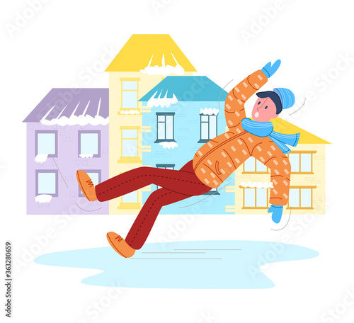 Vector flat illustration with young man who falls on slippery ice. Concept of public services, winter hazards, ice, fractures, injuries, inattention, wrong shoes. Square format. 