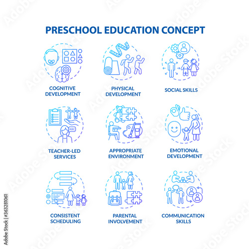 Kids preschool education concept icons set. Childcare center. Parenting and toddlers development. Early childhood idea thin line RGB color illustrations. Vector isolated outline drawings