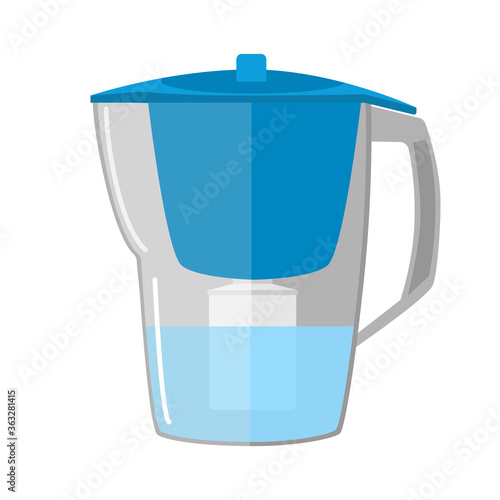Plastic water filter purification pitcher with replacement cartridge on white background. Jug to clear aqua isolated