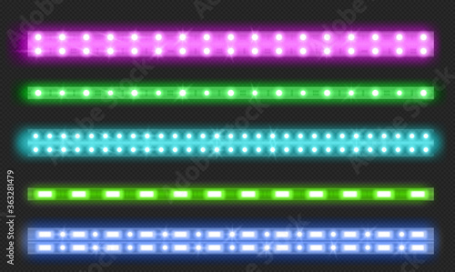 Double row led strips with neon glow effect isolated on transparent background. Vector realistic set of colored light stripes, glowing flexible tape with green, blue and pink lamp and diode bulbes