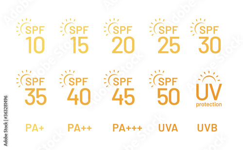 Set of simple flat SPF sun protection icons for sunscreen packaging. UV protection for skin. Icons for sunscreen products or other skin cosmetics. - Vector illustration