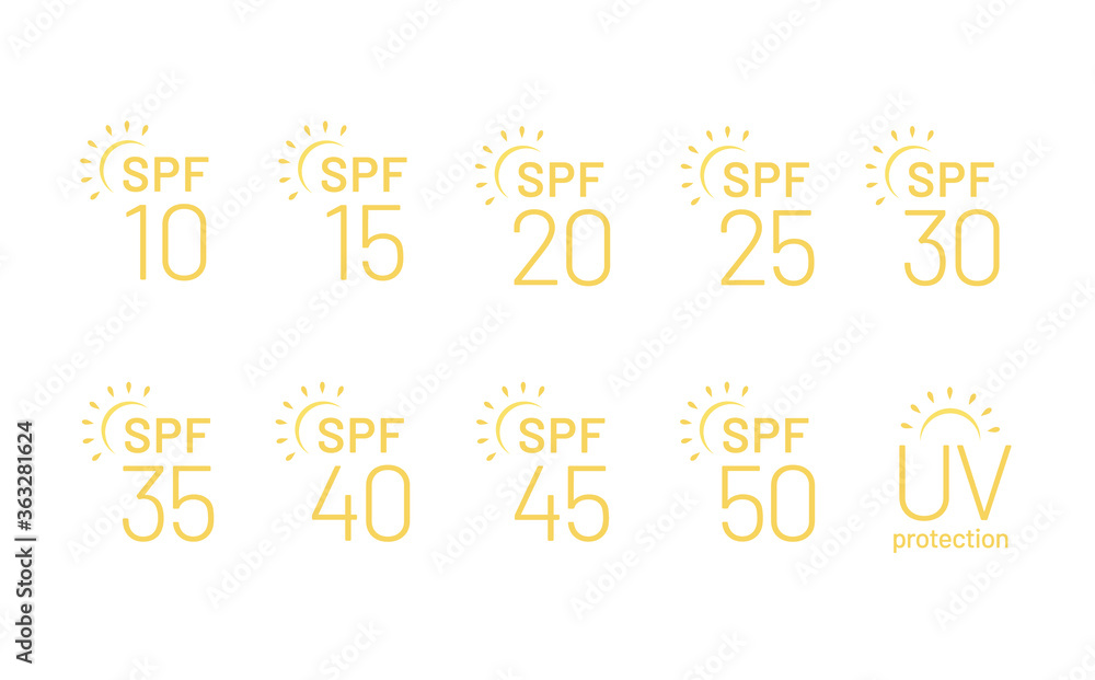 Set of flat SPF sun protection icons isolated on white background. Icons for sunscreen products or other skin cosmetics. - Vector illustration