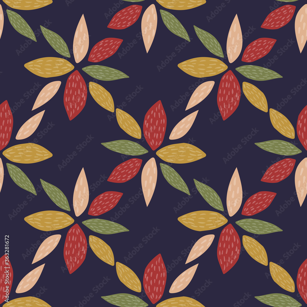 Geometric flowers seamess pattern. Petal in ocher, red and green tones. Dark blue background. Floral wallpaper. Geometric flowers seamess pattern. Petal in ocher, red and green tones. Dark blue background. Floral wallpaper.