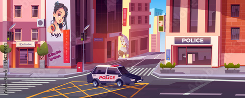 City street with police station and houses. Vector cartoon cityscape with police department and car with flasher on road with pedestrian crosswalk and traffic lights
