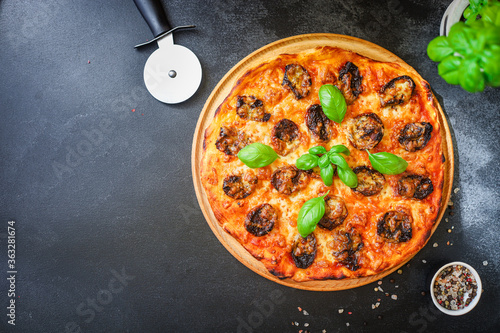 pizza salami sausages cheese classic recipe sauce fast food Takeaway Menu concept serving size. food background top view copy space for text organic healthy eating