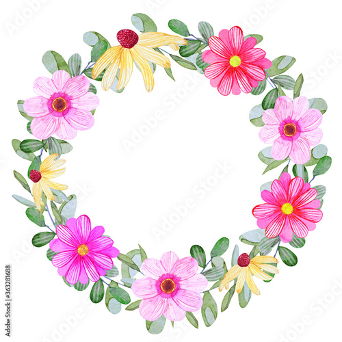 Fototapeta Naklejka Na Ścianę i Meble -  Watercolor hand drawn wreath with gelenium and gerbera isolated on white background. Bright wreath with autumn flowers.
