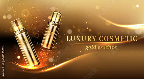 Gold cosmetic bottles ad banner, cosmetics tubes on elegant blurred background with golden glitter and light waves, essence, cream or lotion beauty skin care product, Realistic 3d vector illustration