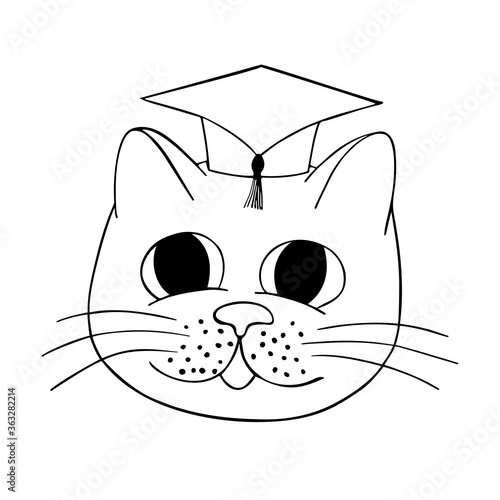 Cat academician. Funny trendy doodle vector illustration. Black contour on white background as a print, sticker, card, poster, sign, tatoo.