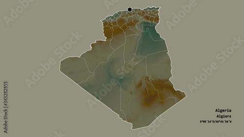 Ouargla, province of Algeria, with its capital, localized, outlined and zoomed with informative overlays on a relief map in the Stereographic projection. Animation 3D photo